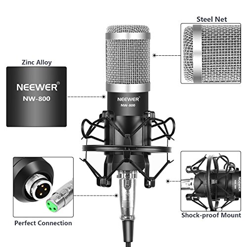 Neewer Microfono a Condensatore NW-800 Nero/Argento con Scheda Audio USB Regolabile Stand Asta Sospensione Supporto Anti-vibrazione Filtro Pop per Registrazioni Trasmissioni YouTube Live Periscope