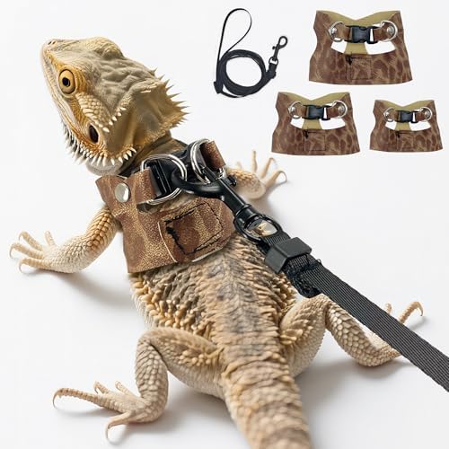 AIITLE 3 Pack Adjustable Bearded Dragon Harness and Leash Set – Leopard Print, Comfort Soft Leather Vest for Lizards, Iguanas, Guinea Pigs, Outdoor Walking & Camping, Brown