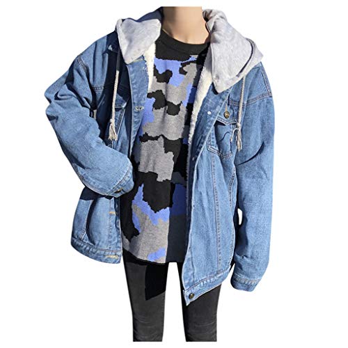 Manteau rétro à capuche en peluche denim bleu pour femme d'une finition rare