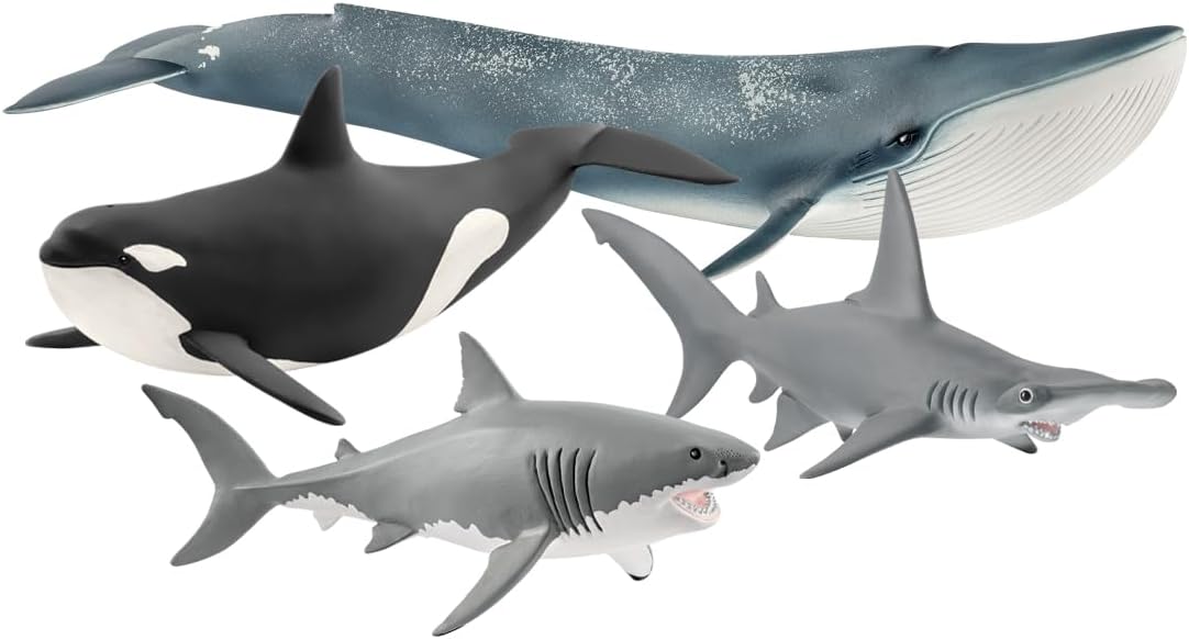 Wild Life - 4PC Ocean Animal Figurine Playset - Includes Blue Whale, Orca, Hammer Head and Great White Shark Figures - Educational Play for Boys and Girls - Sea Toys for Kids Ages 3+ | 77591