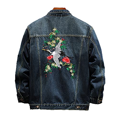 Crane Embroidered Denim Jacket Men's Autumn Retro Slim Jacket Denim Clothes