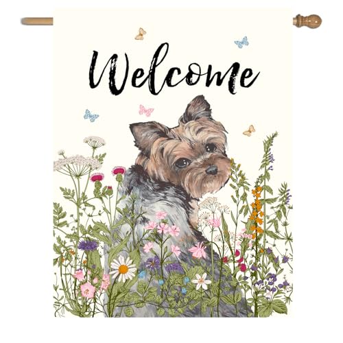 Floral Yorkie Garden Flag Spring Summer House Flags 28 x 40 Double Sided Flower Dog Yard Flags for Outside Large Outdoor Welcome Flags