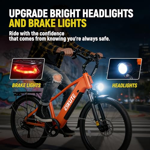 Ligood 28MPH Electric Bike for Adults, 70Miles Long-Lasting Removable Battery e-Bike, 1300w Peak Step Over Electric Bicycle, Commuter 26X2.1 tire Ebike, Adjustable Stem, Orange