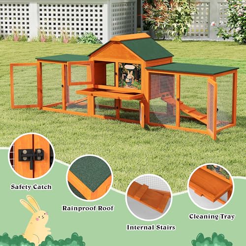 COZIWOW 83” Extra Large Wooden Rabbit Hutch Outdoor Easy to Assemble and Durable Rabbit Cage Bunny Hutch Indoor with Cleaning Tray & Waterproof Roof for Small and Medium Bunny Rabbit Chick (Orange) - Thumbnail 3