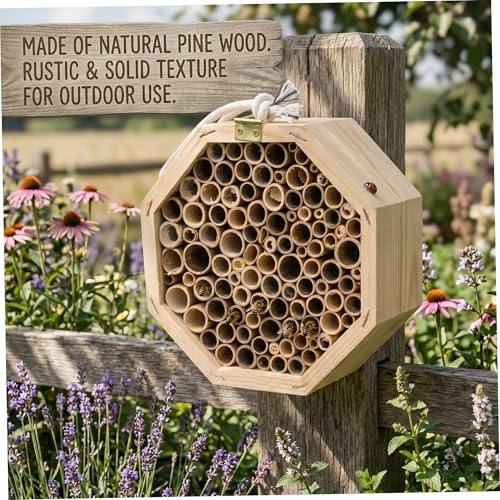 Hotel de abejas octogonal de madera natural con cuerda para exteriores 5