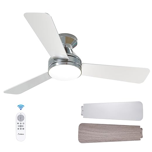 Amico Ceiling Fans with Lights, 42 inch Low Profile Ceiling Fan with Light and Remote Control, Flush Mount, Reversible, 3CCT, Dimmable, Noiseless, Nickel Ceiling Fan for Bedroom, Indoor/Outdoor Use