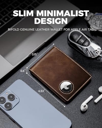 Image of AirTag Wallet- Bifold Full Grain Leather AirTag Wallet for Men, Minimalist Front Pocket Wallet with Airtag Holder, RFID Blocking, 12 Card Capacity Gift for Men(DarkBrown)