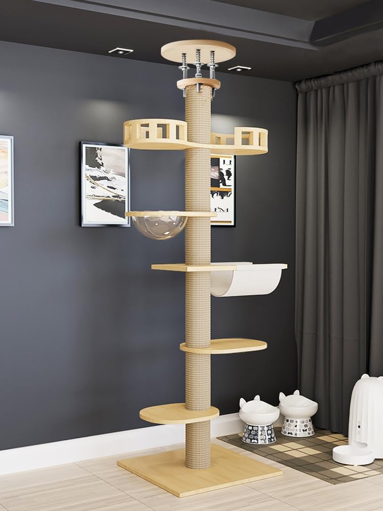 Cat Tree, Floor to Ceiling Cat Tree, 6-Tier Natural Hemp Rope Scratching Posts from Floor to Ceiling, Stable Multi-Functional cat trees, Space-Saving Luxury cat tower for Indoor Use 1 Set