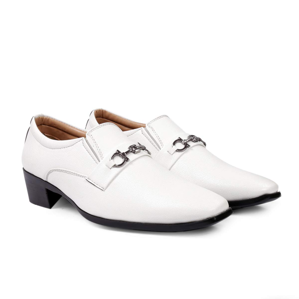 Global Rich Mens Faux Leather Height Increasing Formal Slip-On Shoes On Cuban Sole White Loafers