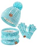 Kids Winter Hat Gloves Scarf Set,Girls Hats Beanie with Pom Knit Neck Warmer Gaiter Mittens Fleece Lined,Girls Accessories Cold Weather Set for Toddler Children Boys（Mint Green Mix）