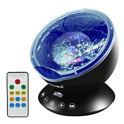 Emotionlite Luz de la noche del proyector de la onda del océano con el mini jugador de música incorporado y teledirigido 12 LED y modo de 7 colores (negro)