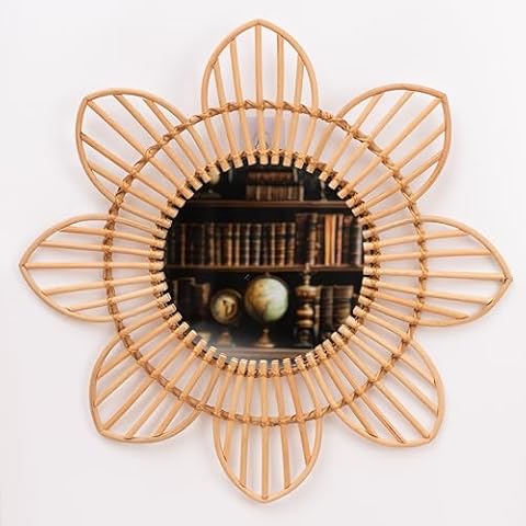 NEERGREVE Mounted Mirror, 8 Petals Flower Wicker Rattan Decorative Mirrors for Living Room Bedroom Office (Large - D23.62 Inches) Cover