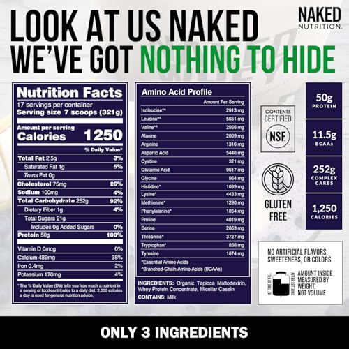Image of NAKED Mass - Natural Weight Gainer Protein Powder - 12LB Bulk, NSF Certified, GMO Free, Gluten Free & Soy Free. No Artificial Ingredients - 1,250 Calories per Serving