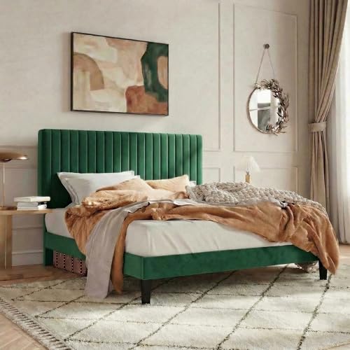 Image of SHA CERLIN Full Upholstered Platform Bed Frame with Vertical Channel Tufted Velvet Fabric Adjustable Headboard, Wooden Slats Support, Mattress Foundation, Box Spring Optional, Green