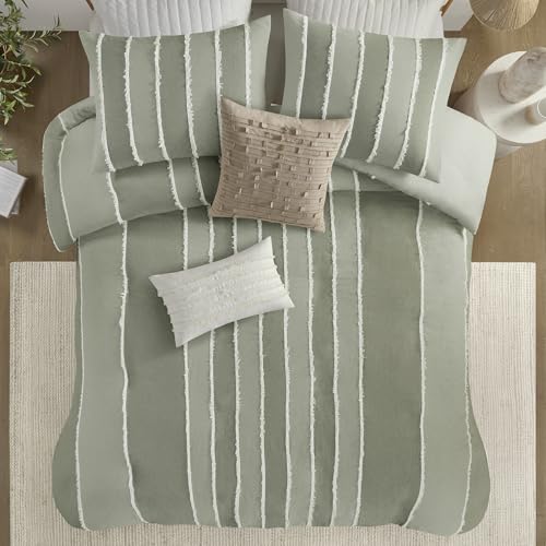 Image of Ink+Ivy Queen Duvet Cover Set Boho Duvet Covers Stripes, Clipped Jacquard, Cotton Duvet Cover for Queen Size Bed, All Season Lightweight Queen Bedding Cover & Shams, Shay, Full /Queen, Sage 3 Piece