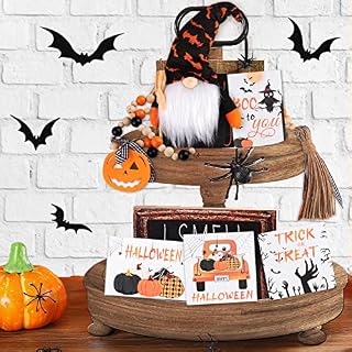 6PCS Tiered Tray Decor Set for Halloween, EBANKU Gnomes Doll Wood Sign Decor Letter Sign Wooden Bead Garland for Home Table House Room (Tiered Tray NOT Included)
