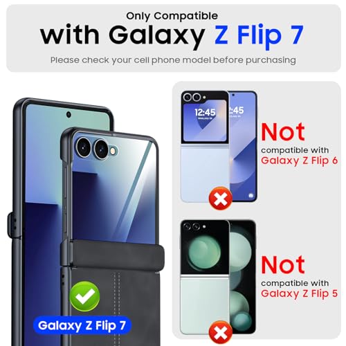 Image of for Samsung Galaxy Z Flip 7 Case with Hinge Protection & Built-in Screen Protector, Ultra Thin Stylish Leather Matte PC Durable Shockproof Cover Phone Case for Galaxy Z Flip 7-Black Gray
