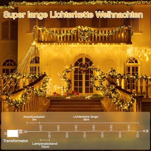 Ollny Lichterkette außen 80M 800LEDs, Weihnachtsbeleuchtung außen 8 Modi mit Fernbedienung Timer, Lichterkette Lang IP44 wasserdicht für Weihnachten Hochzeit Ostern Garten (warmweiß)