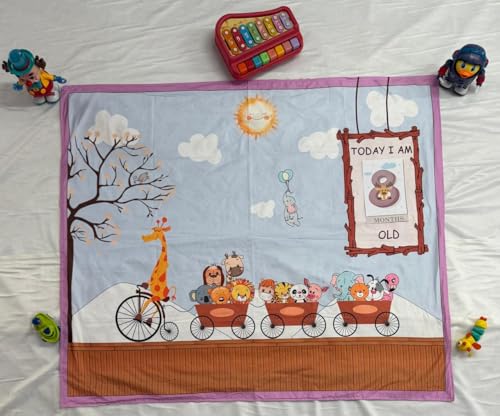 Image of Growth Keepsake Baby Blanket 51 * 43 Inch Monthly Age Marker Blanket Giraffe Train Themed Cartoon Printed Background Washable Foldable Infant Play Mat