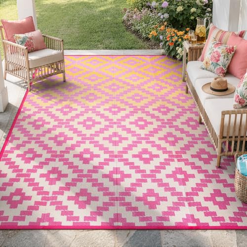 Wonnitar Outdoor Rugs 8x10 Waterproof Plastic Straw Rug, Large Outdoor Camping Rug for RV, Reversible Portable Outside Lightweight Area Rug for Backyard Balcony Beach Picnic, Orange/Pink