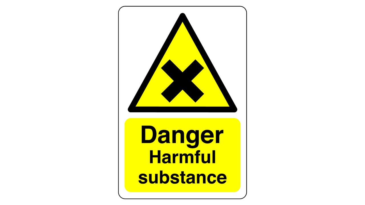 Safety First Display Ltd Yellow/Black Danger Harmful Substance Sign - High Tack Self-Adhesive Sticker (200Mm X 150Mm) Viewing Distance Within 5M.