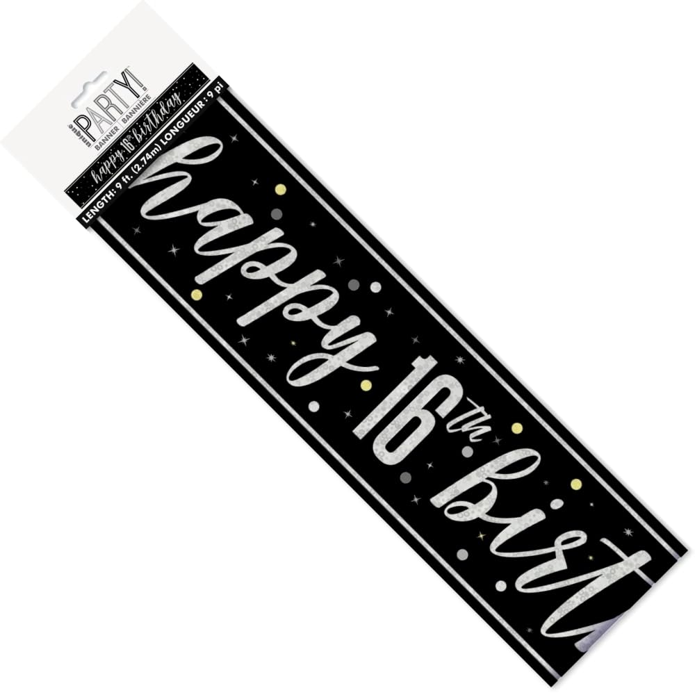 Geburtstags-Banner „Happy 16th Birthday“ – 2,74 M Glitzer-Folienbanner In Schwarz/Silber Für Mottopartys