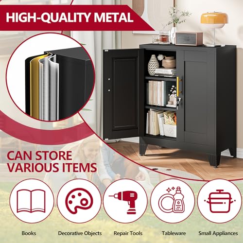 Image of Black Metal Storage Cabinet, 36 inch Steel Locking Cabinets | Small Cabinet with Doors and 2 Adjustable Shelves, Utility Cabinet, Steel Locker Organizer for Office, Home, Garage, School