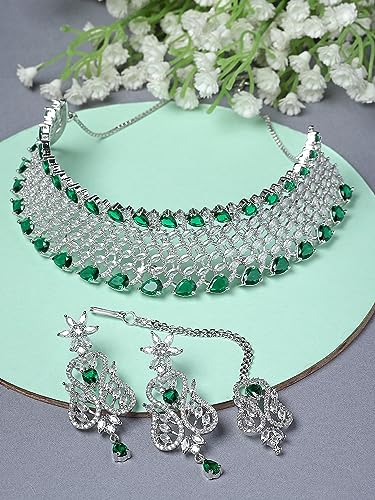 Image of Karatcart Silver Tone Green American Diamond Studded Necklace Set for Women