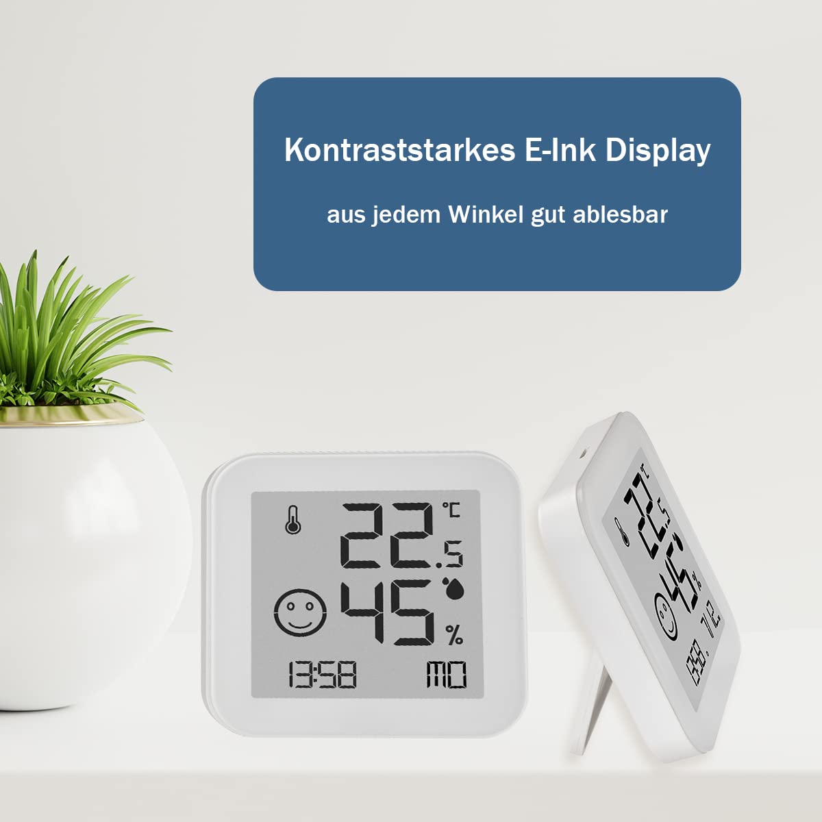 TFA Dostmann Hygrometer digital Black & White, 30.5054.02, Luftfeuchtemessgerät, E-Ink Display, gut ablesbar, Temperatur Luftfeuchtigkeit messen, Schimmel vermeiden, weiß (Packung mit 2)