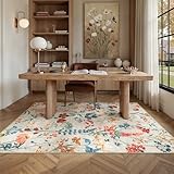 PureCozy Beige Area Rug 4x6 Office Floral Indoor Door Mat Washable Boho Kitchen Living Room Carpet Non Slip Bedroom Low Pile Lightweight Throw Rug for Dining Room Farmhouse