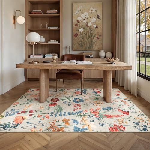 Beige Area Rug 4x6 Office Floral Indoor Door Mat Washable Boho Kitchen Living Room Carpet Non Slip Bedroom Low Pile Lightweight Throw Rug for Dining R