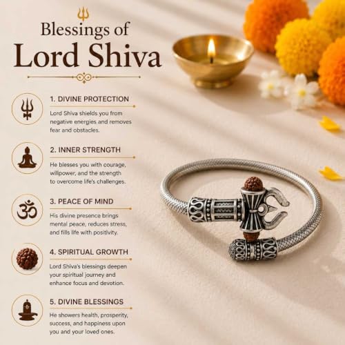 Image of Rudraksha Trishul Damru Kada for Men & Women | Adjustable Stainless Steel Open Cuff Bracelet with Rudraksha Bead | Lord Shiva Inspired Spiritual Wrist Kada | Silver Finish