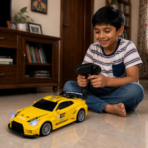 Image of Yellow Remote Control Car Toy | Nissan GT | Rechargeable Remote Control Car | 2.4G Remote Control | Tire Replacement | High Speed Motor | 100m Range | LED Light | Birthday Gift for Kids