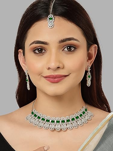 Image of Karatcart Silver Tone Green American Diamond Studded Necklace Set for Women