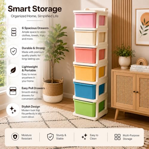 Image of Heavy Duty Plastic Storage Drawer with Wheels | Modular Cabinet for Bedroom, Office, Home or Classroom| Chest of Drawers Organiser for Cosmetics, Kitchen items, Toys (Multicolor, 6)