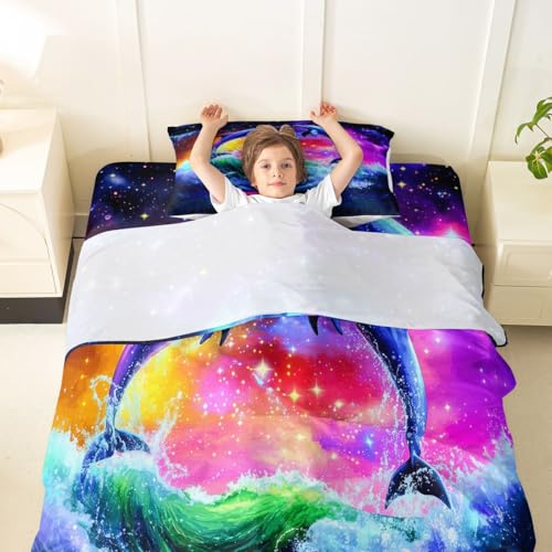 Image of jejeloiu Dolphin Bed Sheets Set Queen Size Tropical Ocean Bed Set Sea World Deep Pocket Fitted Sheet Summer Breathable Soft Lightweight Microfiber