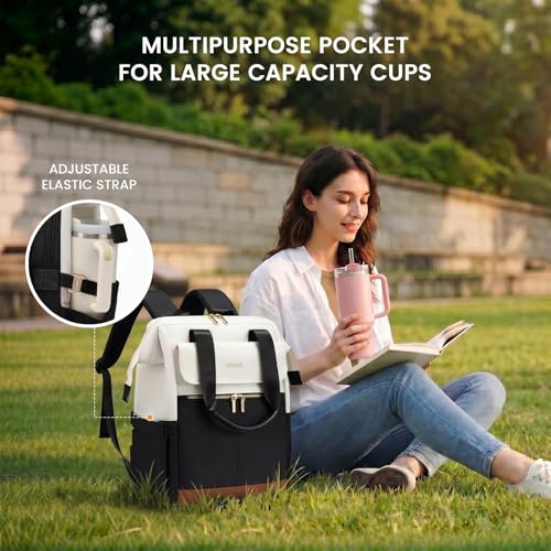 Image of LOVEVOOK Laptop Backpack for Women, 15.6 Inch Work Laptop Bag with USB Port, Fashion Teacher Nurse Backpack Purse, Waterproof Travel Computer Backpack with Organizer Bag, 2PCS, Beige-Black