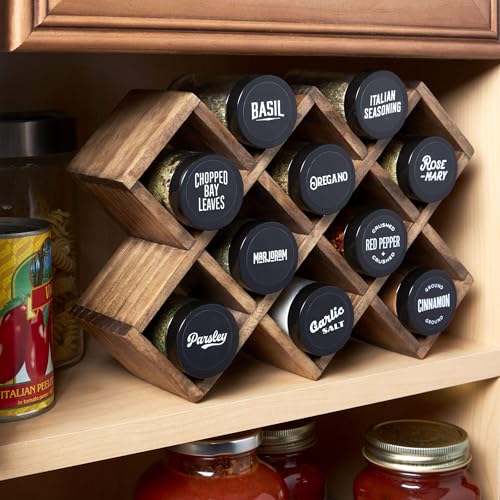 Image of Kamenstein 10 Jar Criss-Cross 2-in-1 Spice Organizer for Countertop or Wall with Spices Included, FREE Spice Refills for 5 Years, Gray Wash Bamboo with Black Caps