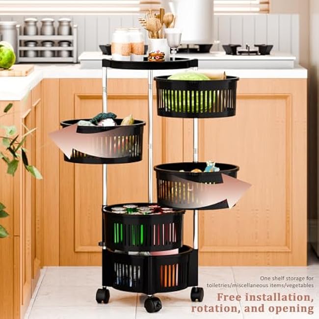 Rotating Kitchen Storage Rack No Assembly, 5-Tier Metal Storage Tower Basket Shelves Organizer on Rolling Wheels with Removal Drawers,Kitchen Fruit Vegetable Storage Organizer Black 5 Layers-LKv9sRYM