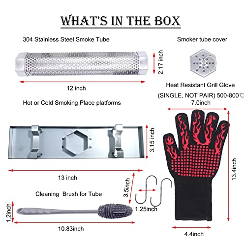 Fmoon Upgraded Pellet Smoker Tube With Cold/Hot Smoking Place Platforms ,12" Wood Pellet Tube Smoker With Heat Resistant Glove And 2 Hooks And 1 Brush And 1 Smoke Tube Cover #TOP1