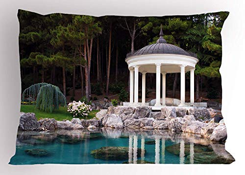 Ytavv Landscape Pillow Sham, Gazebo by The Pond in a Beautiful Green Park Nature Forest Garden View, Decorative Standard Queen Size Printed Pillowcase, 30 X 20 inches, Green Blue and White