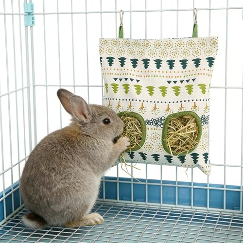Heuraufe Kaninchen Heusack Leinenstoff 26.5x23cm 2 Öffnungen DREI Designs Weißer Baum Grünes Alpaka Blauer Hase Hängende Heutasche Futterspender für Kleintiere Meerschweinchen Langlebig