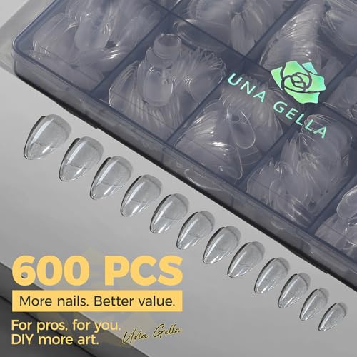 Image of UNA GELLA 600 Pcs Almond Gel Nail Tips, Pre Etched Medium Almond Nail Tips, 12 Sizes Full Cover Fake Clear Press On Nails for Flat & Curved Nails Bed Extension Home DIY Salon