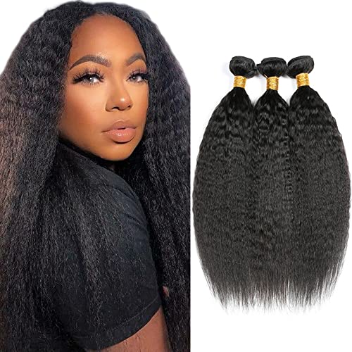 Yaki Bundles Kinky Straight Hair Bundles Brazilian Virgin Human Hair Bundles Kinky Straight 16 18 20 Inch 100% Unprocessed Virgin Hair Bundles Kinky Straight Weave Hair Human Bundles