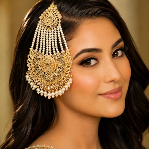 Image of Gold-Toned Pasa Jhumar with Pearl Strands and Crystal Embellishments