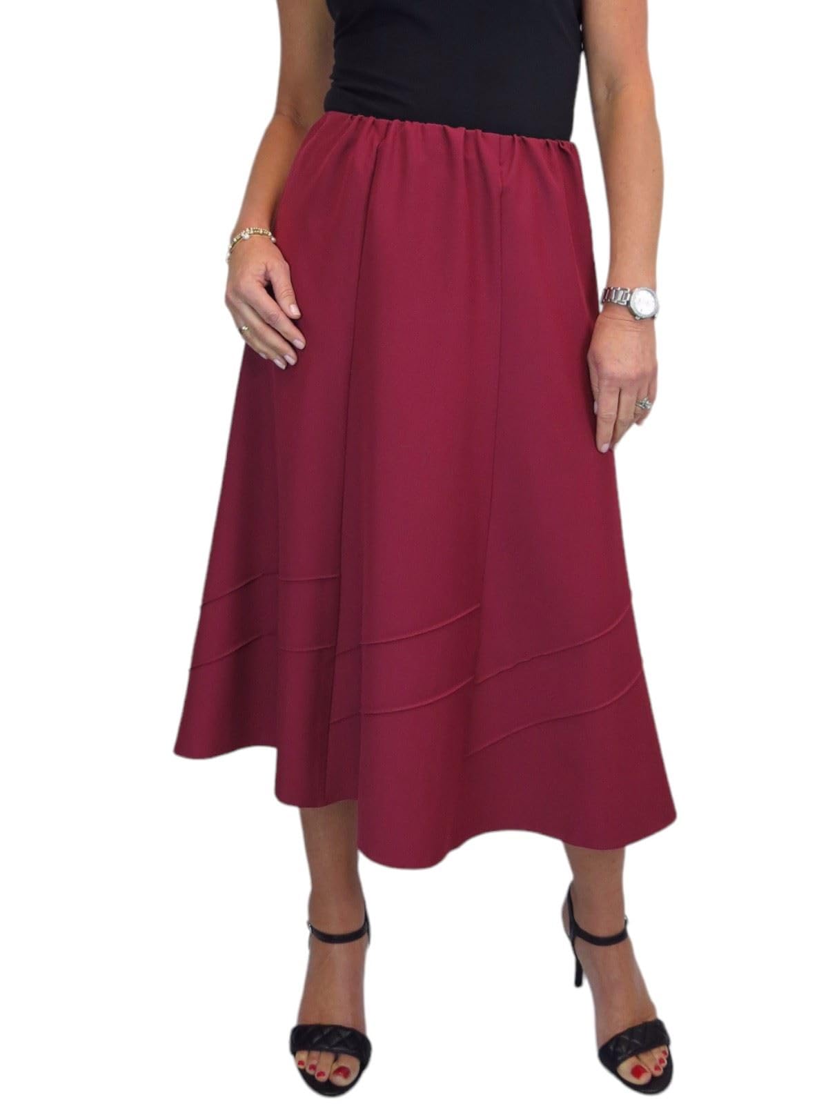 Paulo Due Women's Burgundy Smart Elasticated Waist Flared Swing Skirt In | Size: 18