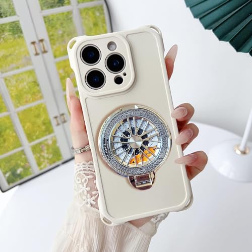 Image of KC Back Cover for Vivo V40 5G / V40 Pro 5G - 3D Four Corner Shockproof Silver Spinning Wheel Kickstand Holder Soft Silicone with Camera Protection (White)