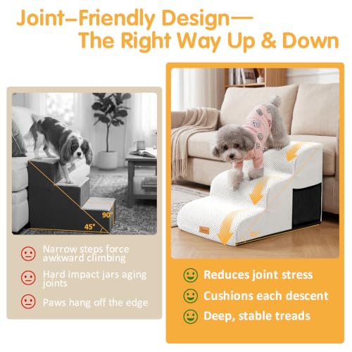 Image of Topmart 3 Tiers Foam Dog Ramps /Steps,Non-Slip, Extra Wide Deep Dog Stairs,High Density Foam Pet Stairs /Ladder,Best for Older Cats,Small Pets,Ivory-White | High Density Foam Pet Stairs /Ladder,Best for Older Dogs,Cats,Small Pets