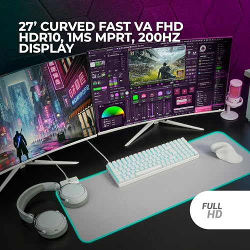 MV-27C, Monitor Gaming Curvo 27” FHD 1080p 200Hz, HDR10 1ms, FreeSync e G-Sync, Monitor PC Senza Cornice, Angolo 20°, Low Blue Light e Flicker-Free, HDMI + DisplayPort + Jack 3.5mm, Bianco - Monitor - Immagine 1