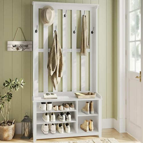 Image of VASAGLE Hall Tree with Bench and Shoe Storage, Coat Rack with Shoe Bench, 7 Double Hooks for Jackets, Hats, Entryway, Bedroom, Living Room, 13.8 x 31.9 x 70.9 Inches, Matte White UHSR414WB01S